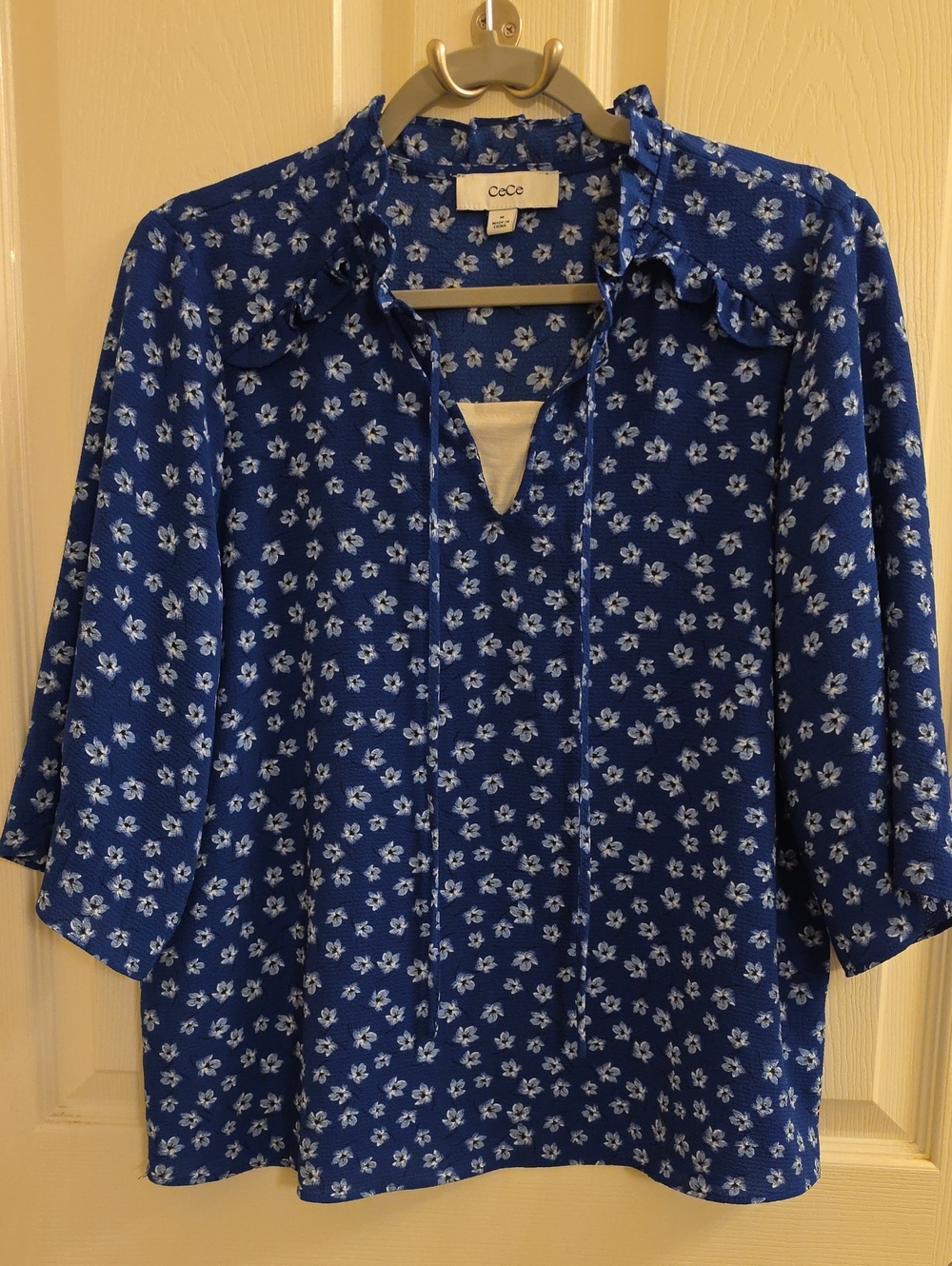 CeCe Blue Floral Tie-Neck Blouse